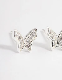 Sterling Silver Cubic Zirconia Pave Butterfly Stud Earrings