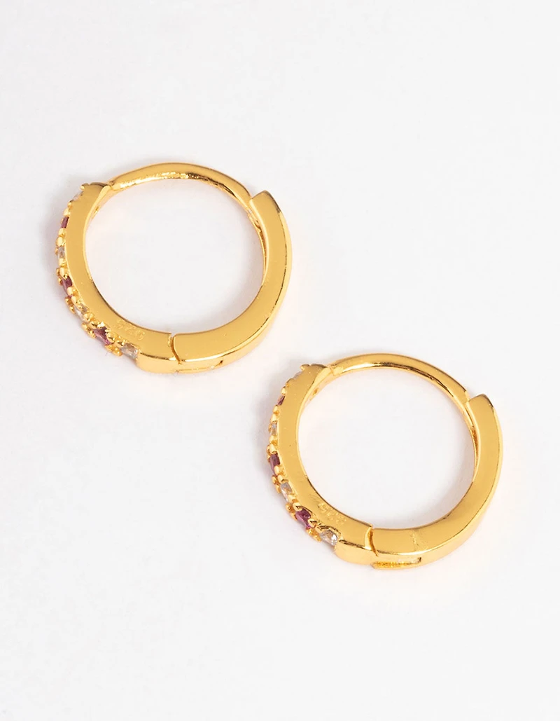 Gold Plated Sterling Silver Cubic Zirconia Check Huggie Earrings