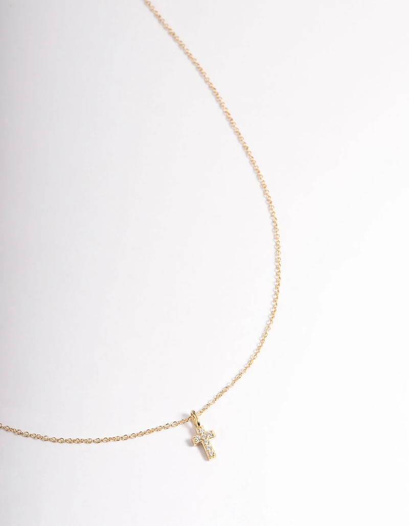 Gold Plated Sterling Silver Cubic Zirconia Small Cross Necklace