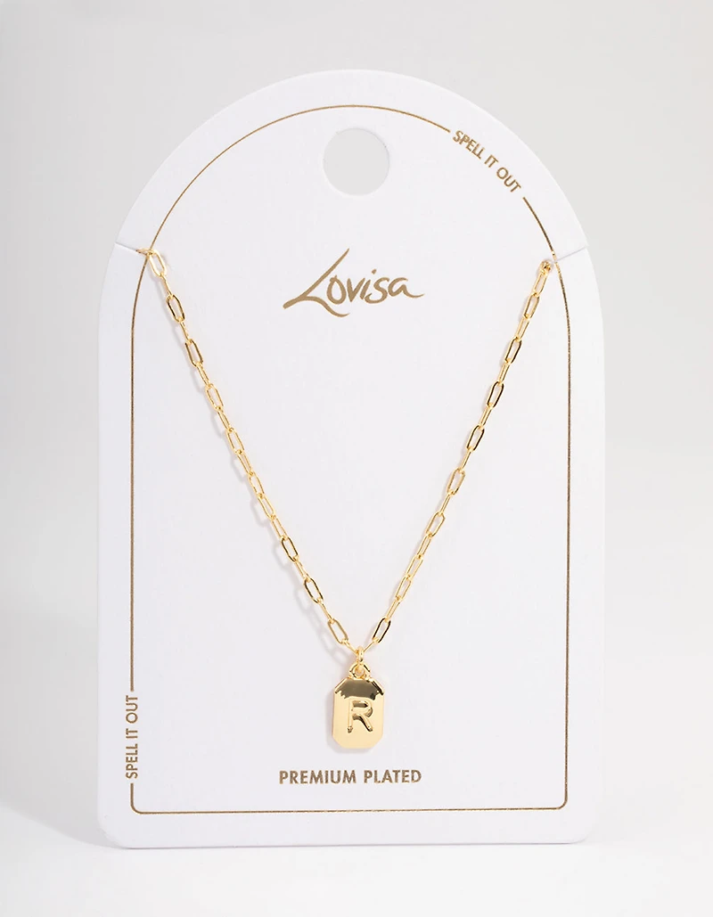 Letter R Gold Plated Rectangle Pendant Initial Necklace