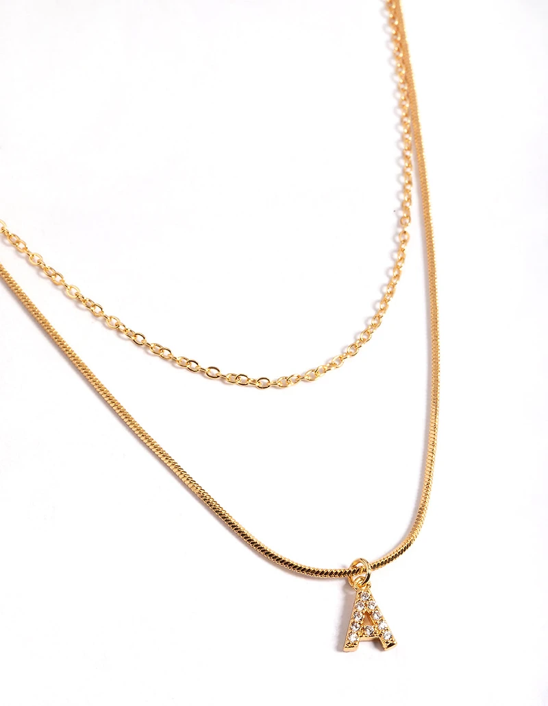 Gold Plated Diamante Letter A Layered  Necklace