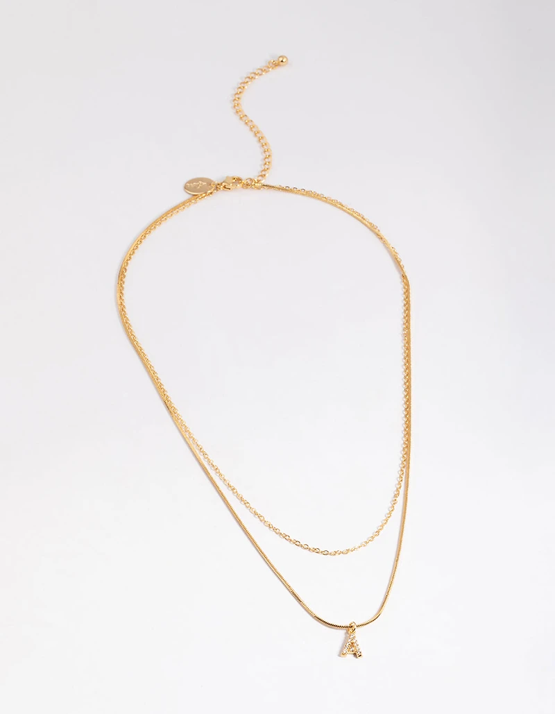 Gold Plated Diamante Letter A Layered  Necklace