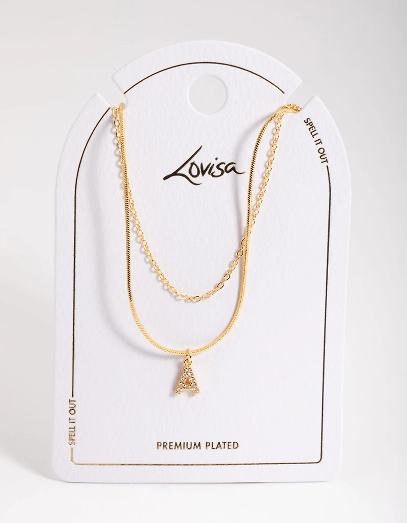 Gold Plated Diamante Letter A Layered  Necklace