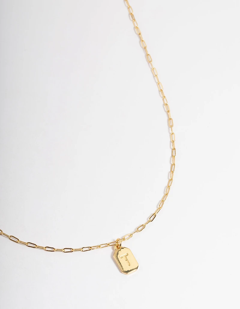 Letter 'T' Gold Plated Rectangle Pendant Initial Necklace