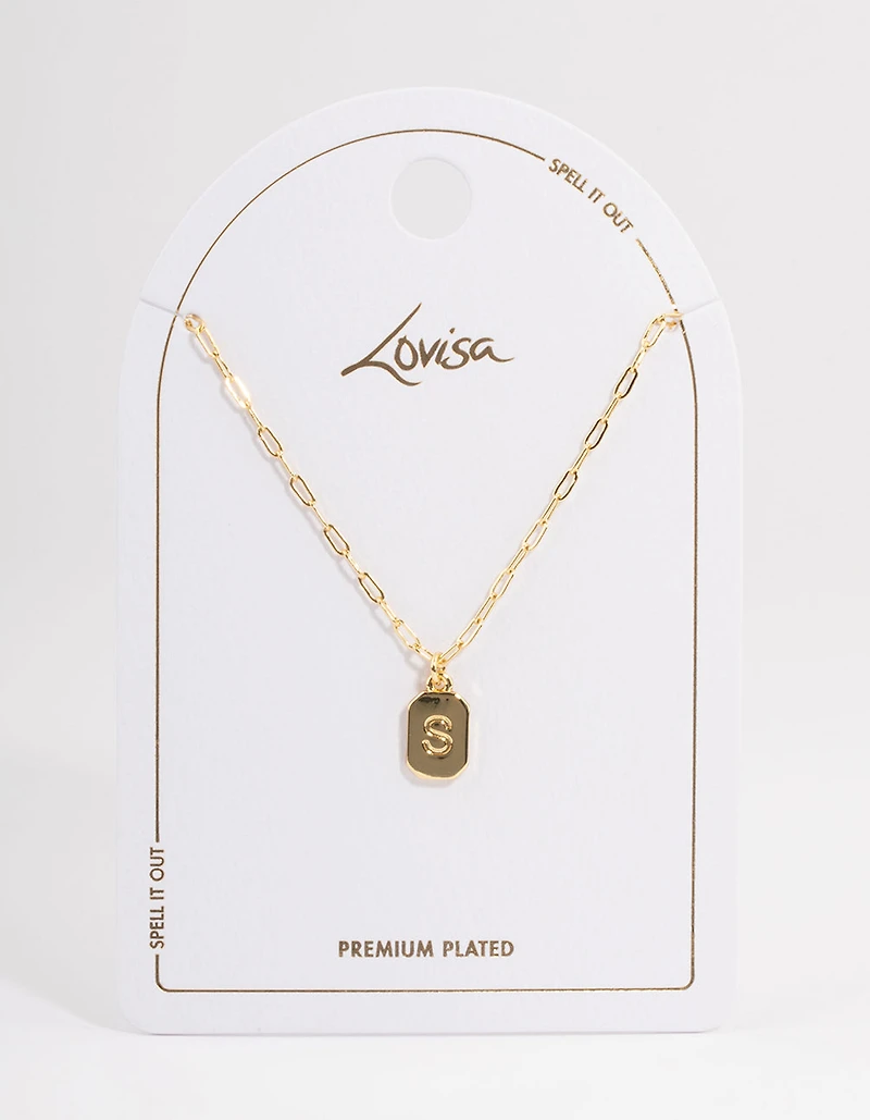 Gold Plated Letter S Rectangle Pendant  Necklace