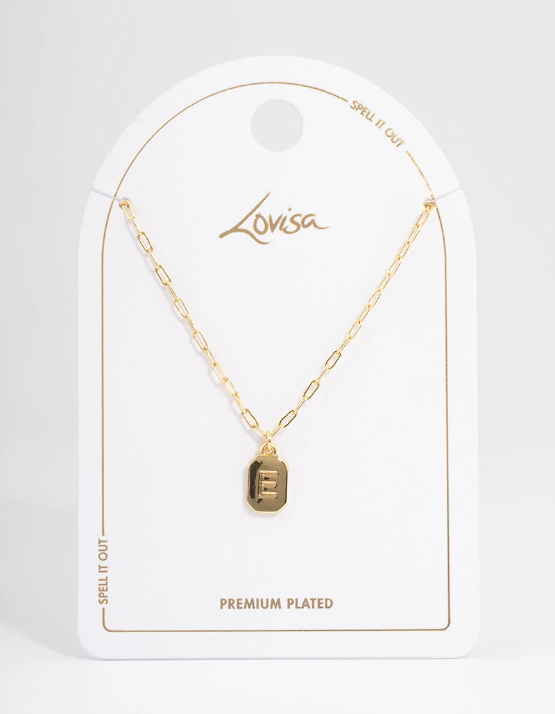 Gold Plated Letter E Rectangle Pendant  Necklace