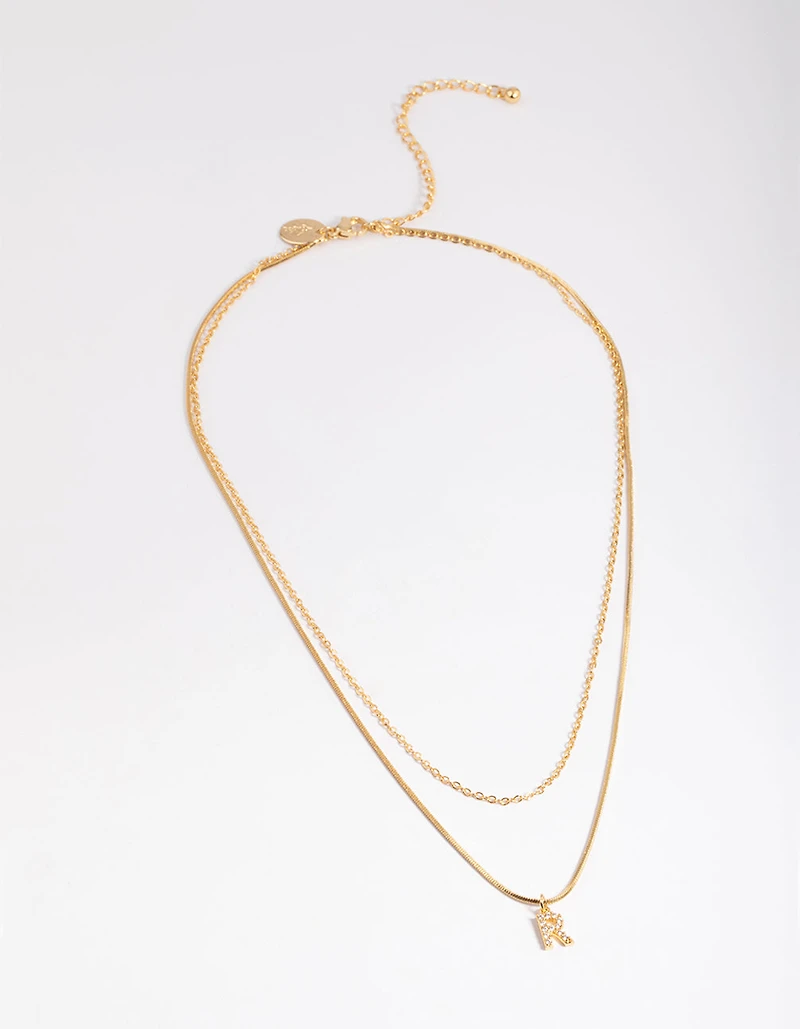 Letter R Gold Plated Layered Diamante Initial Necklace