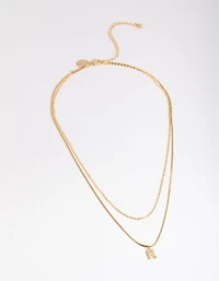 Letter R Gold Plated Layered Diamante Initial Necklace