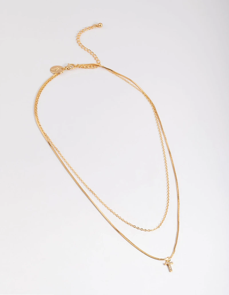 Letter T Gold Plated Layered Diamante Initial Necklace