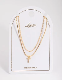 Letter T Gold Plated Layered Diamante Initial Necklace