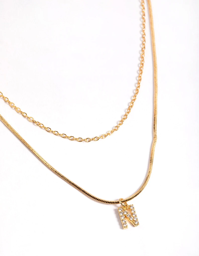 Gold Plated Diamante Letter N Layered  Necklace