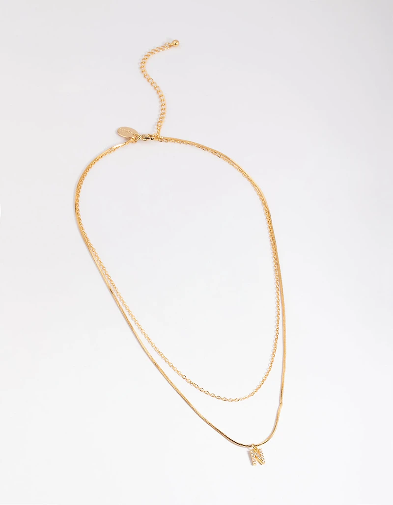 Gold Plated Diamante Letter N Layered  Necklace