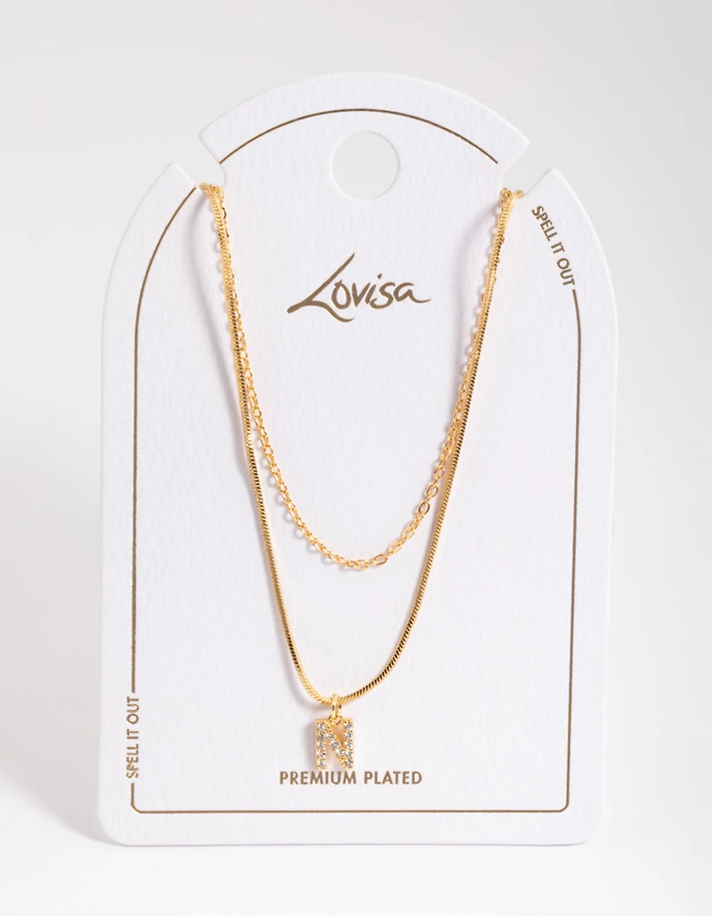 Gold Plated Diamante Letter N Layered  Necklace