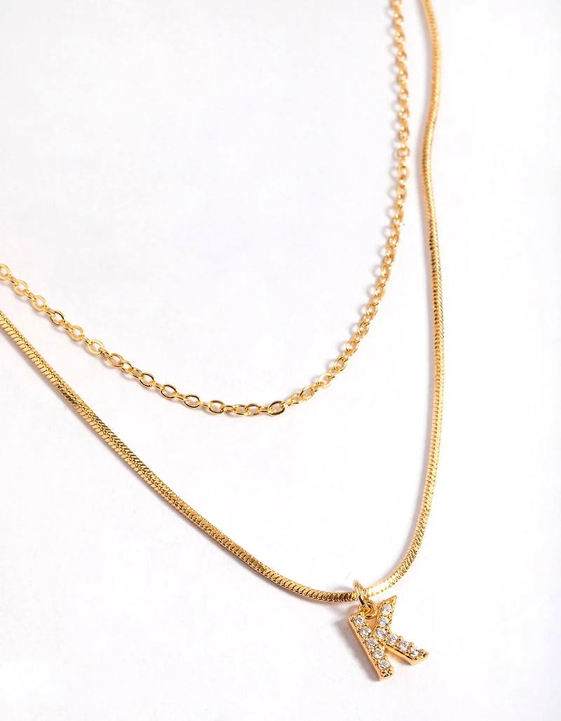 Gold Plated Diamante Letter K Layered  Necklace