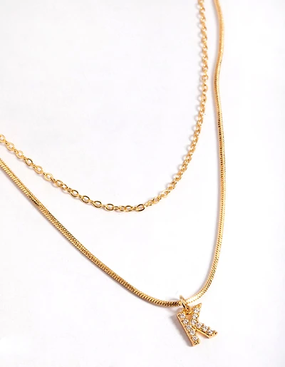 Letter K Gold Plated Layered Diamante Initial Necklace