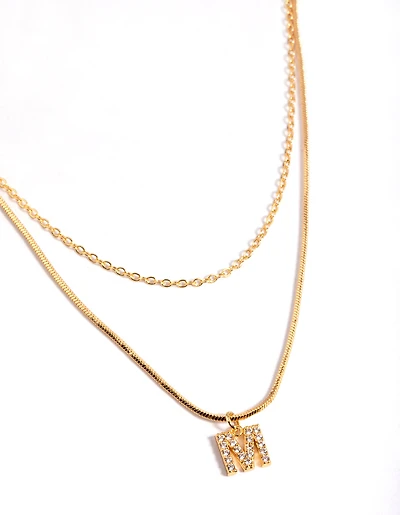 Gold Plated Diamante Letter M Layered   Necklace
