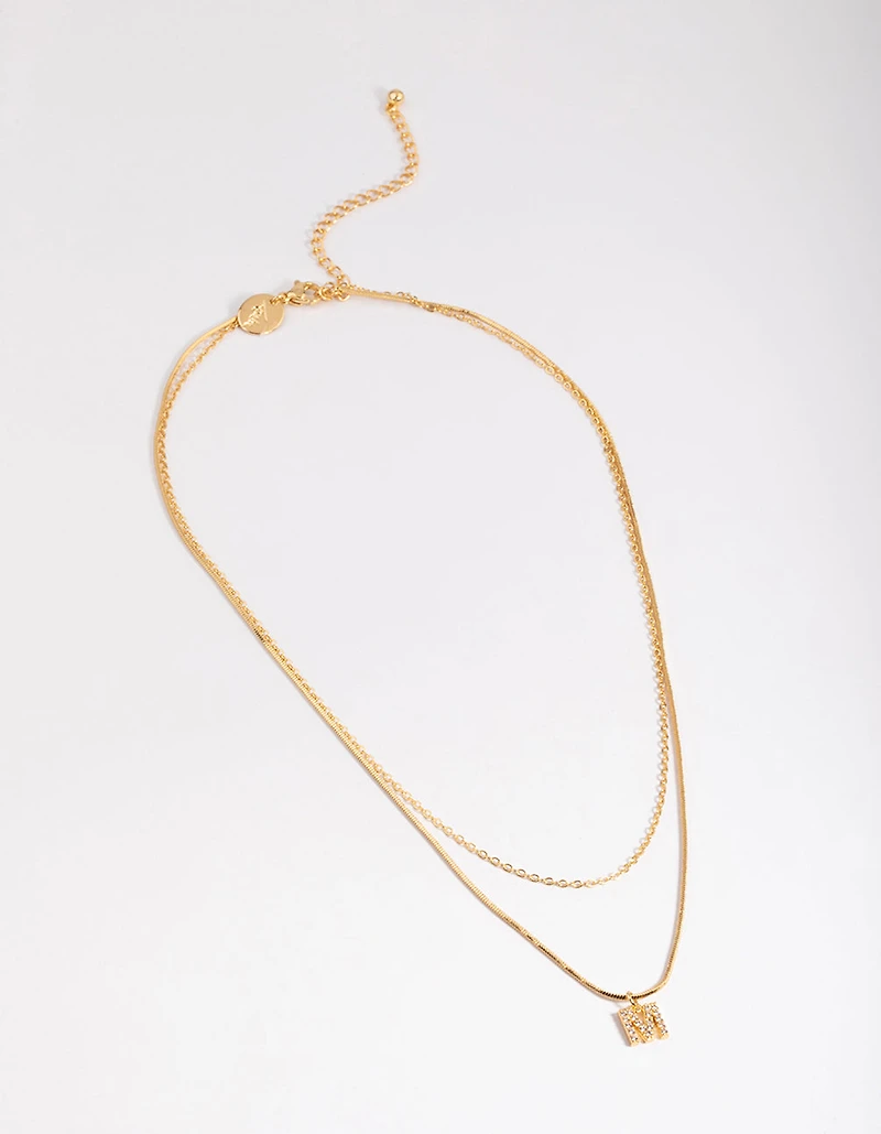 Gold Plated Diamante Letter M Layered   Necklace