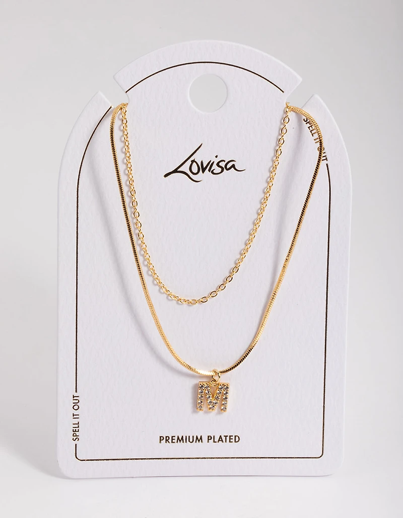 Gold Plated Diamante Letter M Layered   Necklace