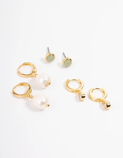 Gold Plated Green Aventurine Freshwater Pearl Cubic Zirconia Earring Pack