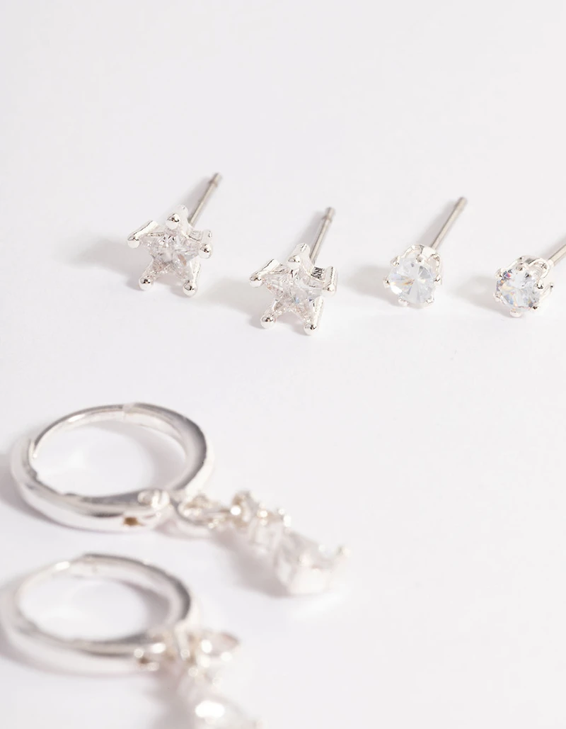 Silver Cubic Zirconia Star & Drop Earrings Pack