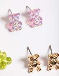 Mixed Lilac & Lime Green Bear Huggie Earrings Pack