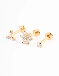 Gold Plated Titanium Cubic Zirconia Flower Threadless Flat Back Pack