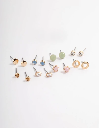 Gold Pastel Mix Stud Earrings 8-Pack