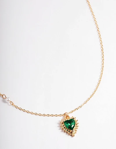 Gold Green & Diamante Heart Pendant Necklace