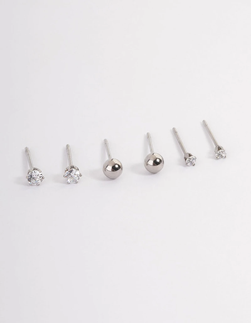 Waterproof Stainless Steel Cubic Zirconia Plain Stud Earrings Pack