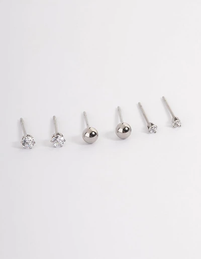 Waterproof Stainless Steel Cubic Zirconia Plain Stud Earrings Pack
