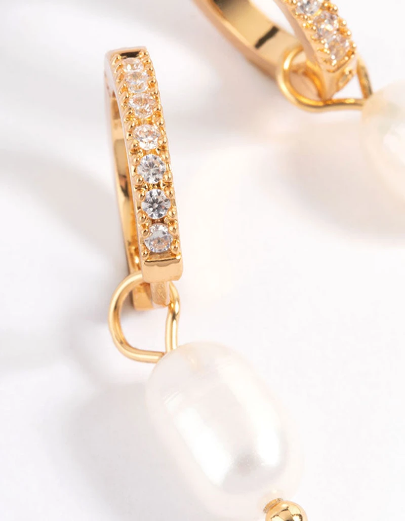 Waterproof Gold Plated Stainless Steel Diamante Freshwater Pearl Drop Huggie Earrings
