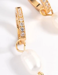 Waterproof Gold Plated Stainless Steel Diamante Freshwater Pearl Drop Huggie Earrings