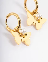 Waterproof Gold Plated Stainless Steel Butterfly Pearl Huggie Earrings
