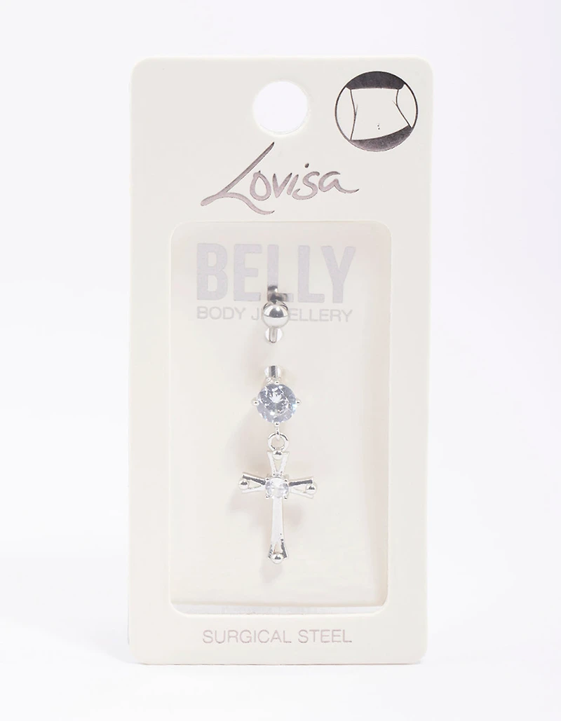 Surgical SteelCubic Zirconia Cross Drop Belly Ring