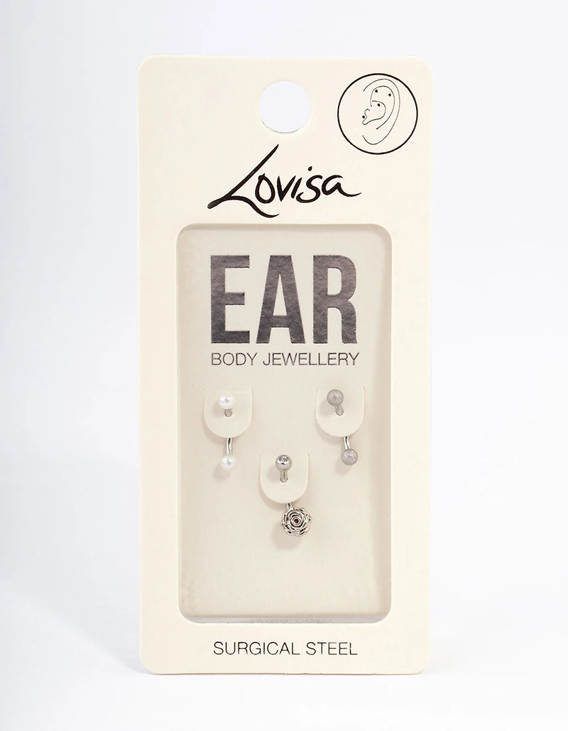 Surgical Steel Rose & Faux Pearl Barbell Pack