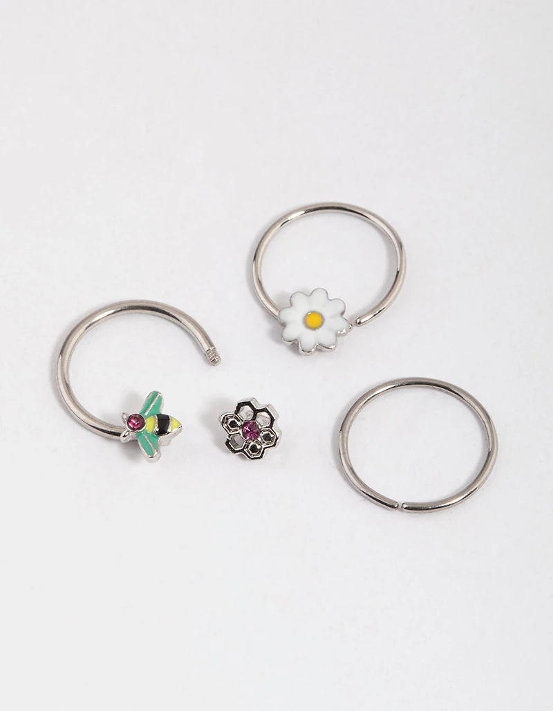 Surgical Steel Flower & Bee Horseshoe Earring Pack