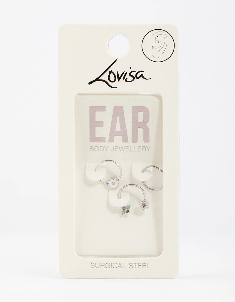 Surgical Steel Flower & Bee Horseshoe Earring Pack