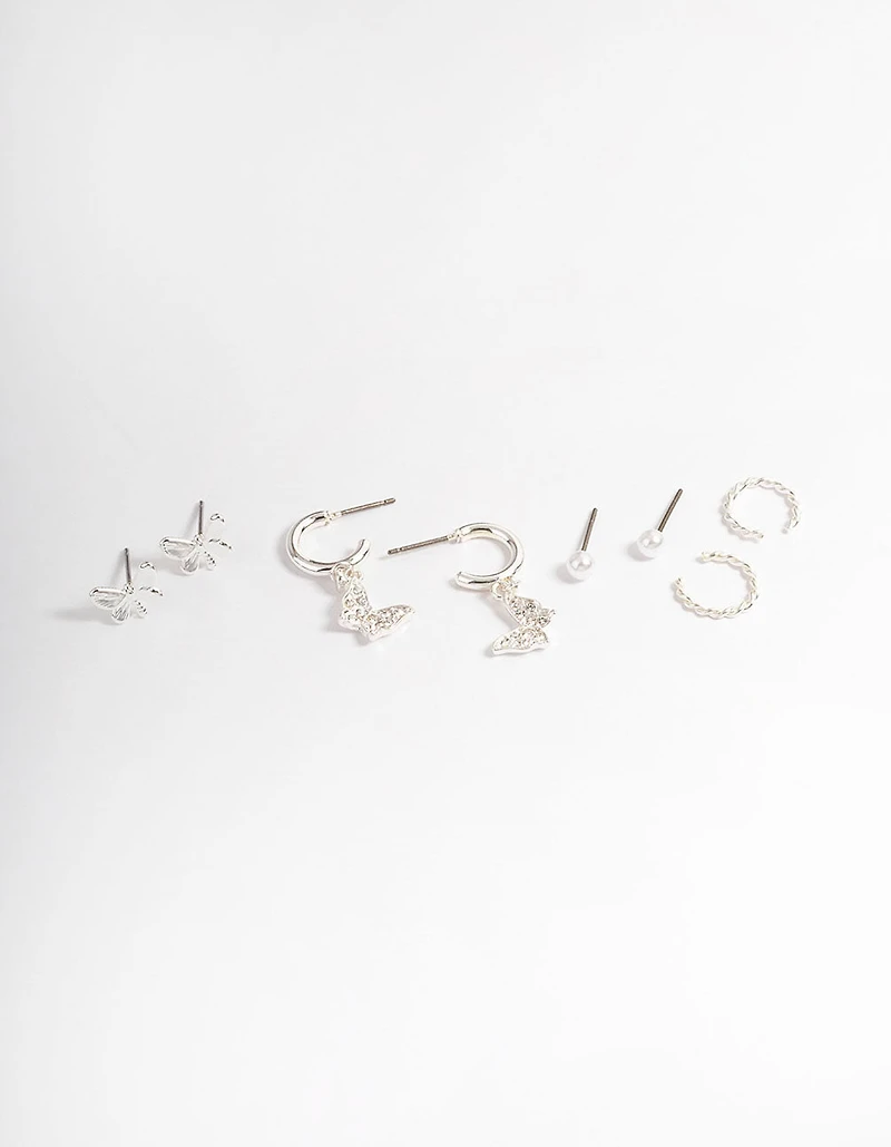 Silver Crystal Butterfly & Pearl Earrings 4-Pack