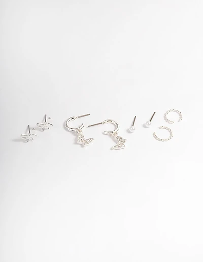Silver Crystal Butterfly & Pearl Earrings 4-Pack