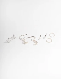 Silver Crystal Butterfly & Pearl Earrings 4-Pack