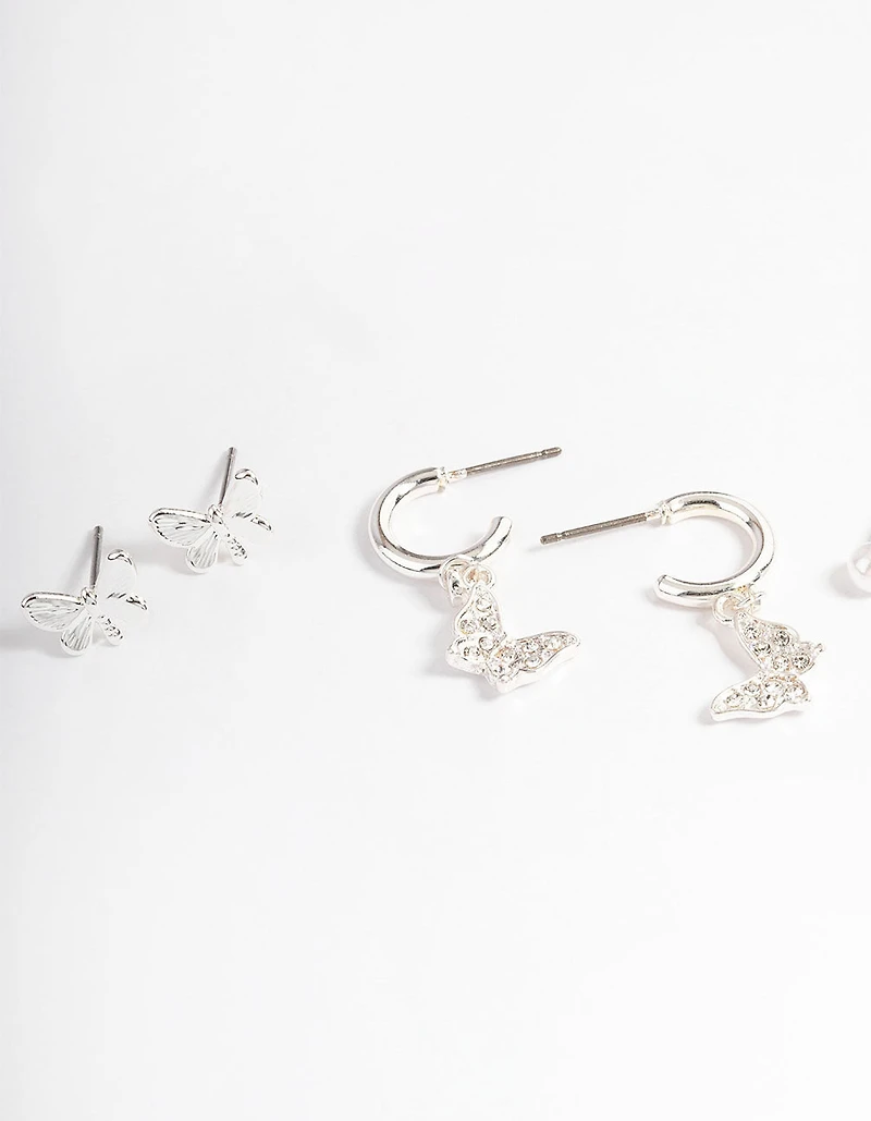 Silver Crystal Butterfly & Pearl Earrings 4-Pack