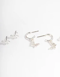 Silver Crystal Butterfly & Pearl Earrings 4-Pack