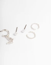 Silver Crystal Butterfly & Pearl Earrings 4-Pack