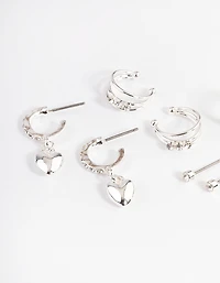 Silver Crystal Puffed Heart Earrings 4-Pack
