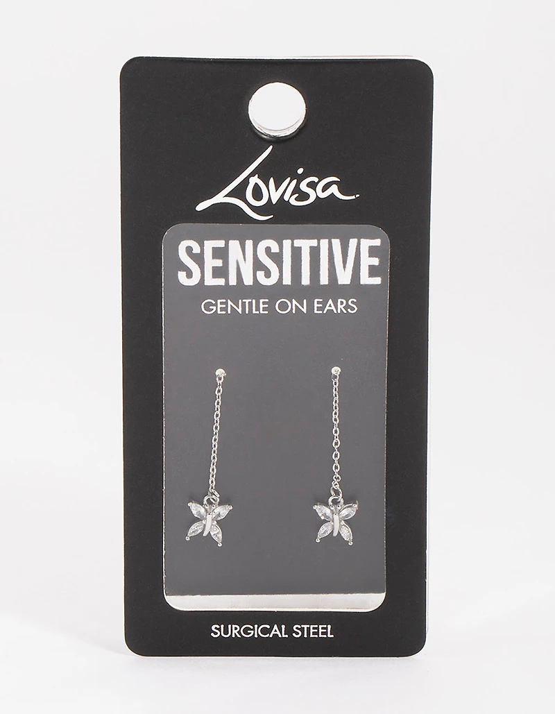 Surgical Steel Cubic Zirconia Butterfly Thread Through Earrings