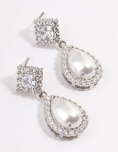 Silver Detail Diamond Pearl Drop Earrings