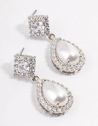 Silver Detail Diamond Pearl Drop Earrings