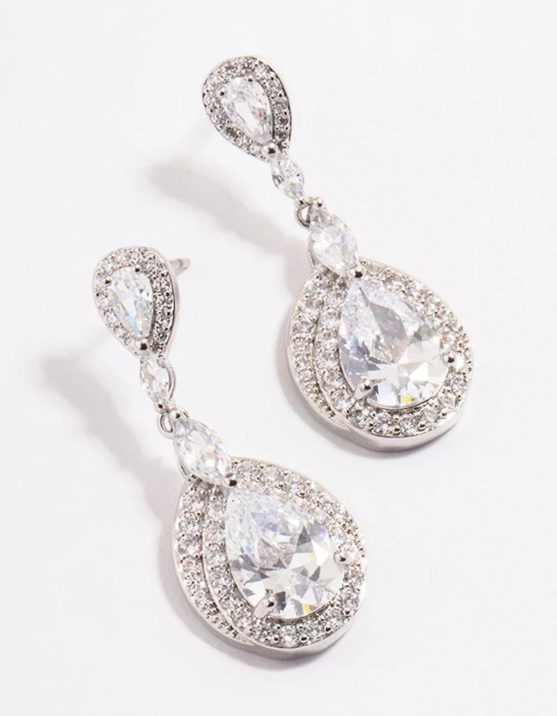 Silver Diamond Simulant Detail Pear Drop Earrings