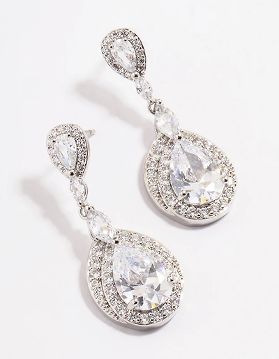 Silver Diamond Simulant Detail Pear Drop Earrings