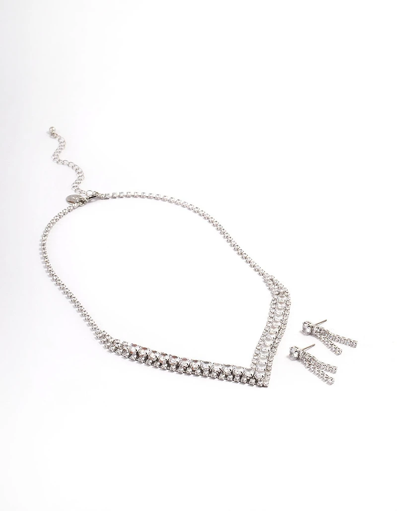Diamond Simulant Silver Drop Earring & Necklace Set